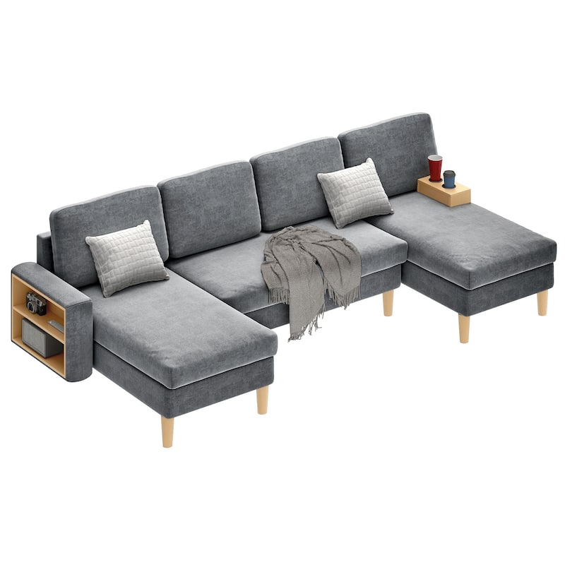 Moasis 109'' U-Shape Sectional Sofa Couch, 4 Seat Sofa Set with Double Chaise, Armrests w/ Cup Holder/Storage, 4 Thick Cushions, - Beige
