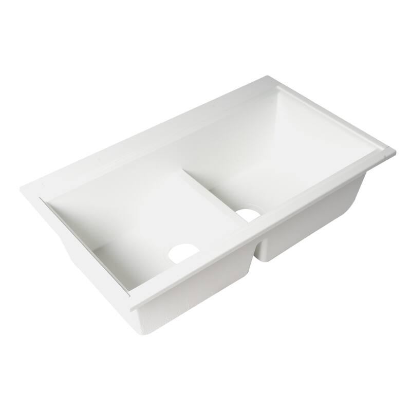 ALFI brand AB3418DBUM-W White 33" Granite Composite Workstation Step Rim Double Bowl Undermount Sink with Accessories