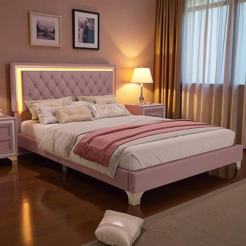 Queen Size Velvet Upholstered Bed Frame with LED Lights, Modern Tufted Headboard Platform Bed with Slats