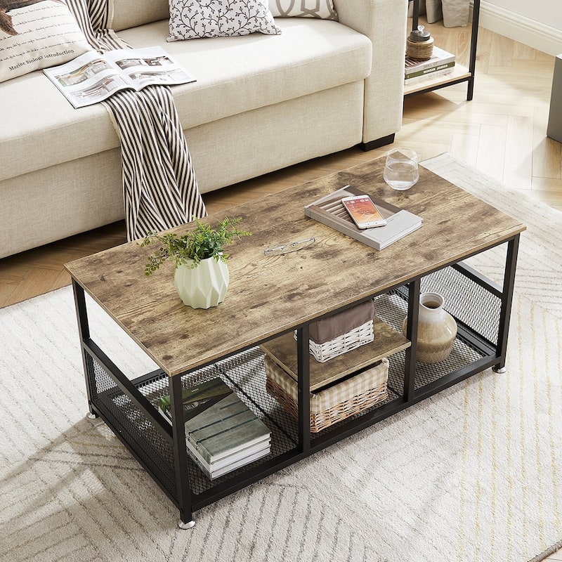 Industrial Rectangle Wood Coffee Table with Storage Shelf, Metal Frame Home Tea Table Desk