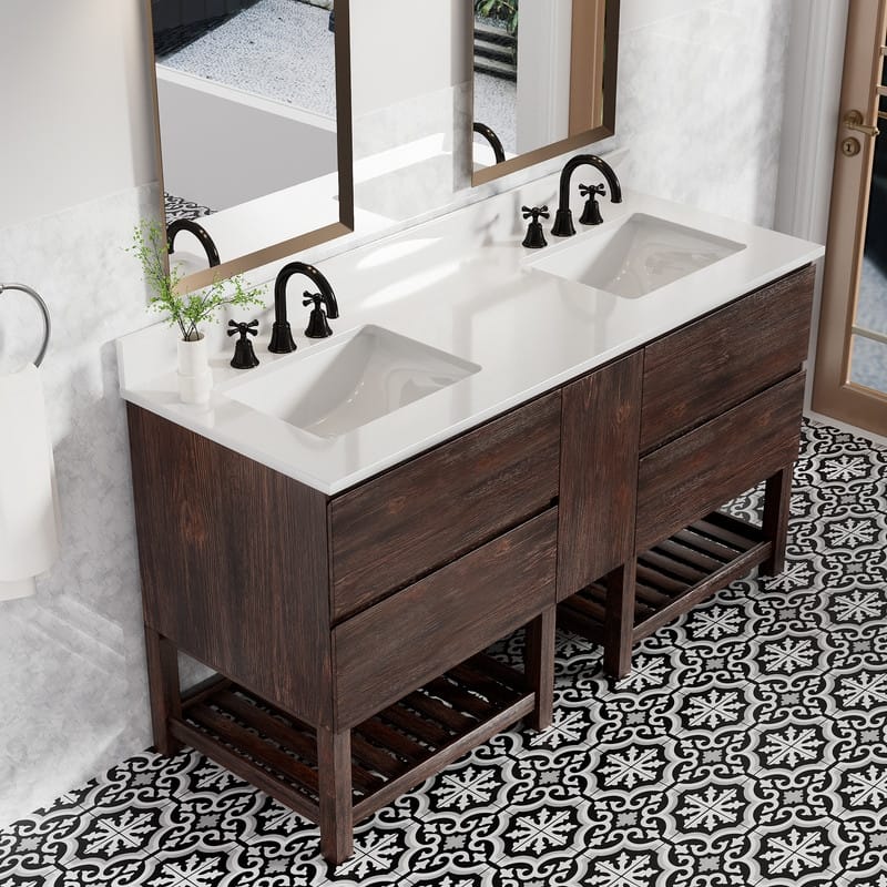 60-Inch Antique Style Solid Wood and MDF Double Sink Bathroom Vanity with Storage