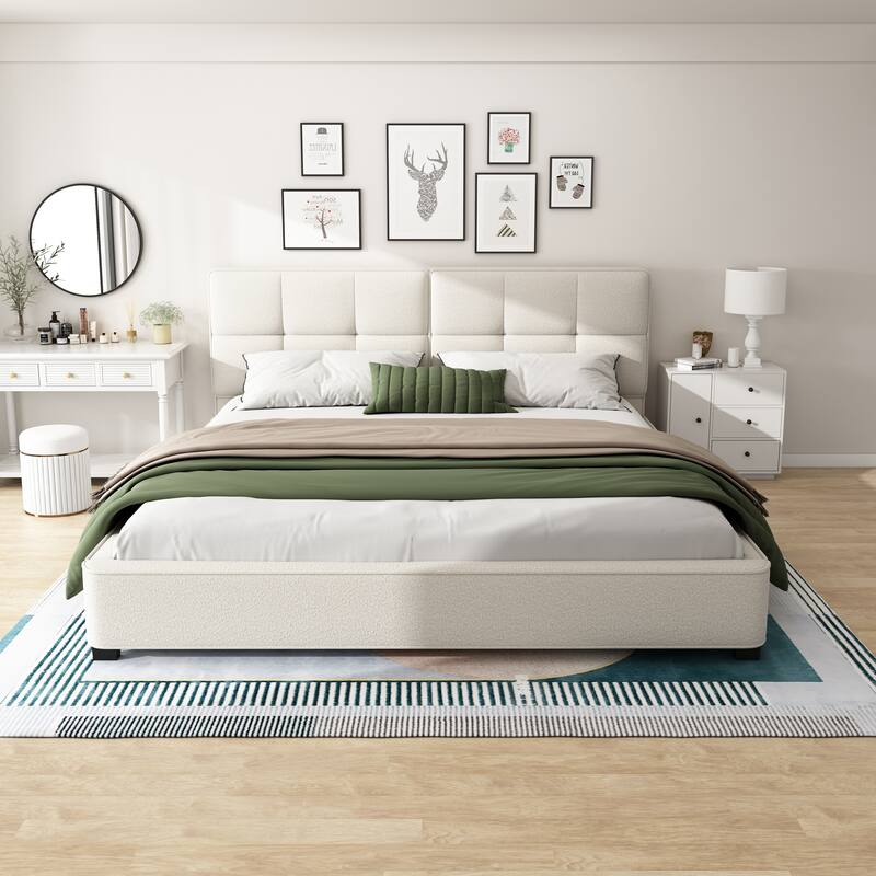 King Size Boucle Bed Frames, Upholstered Platform Bed with Curved Tufted Headboard, Soft Square Corners, Beige