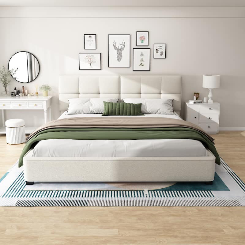 King Size Platform Bed Frames Soft Square Corners Wingback Bed with Tufted Headboard, Low Profile Bed Upholstered Grounded Bed - Beige - King