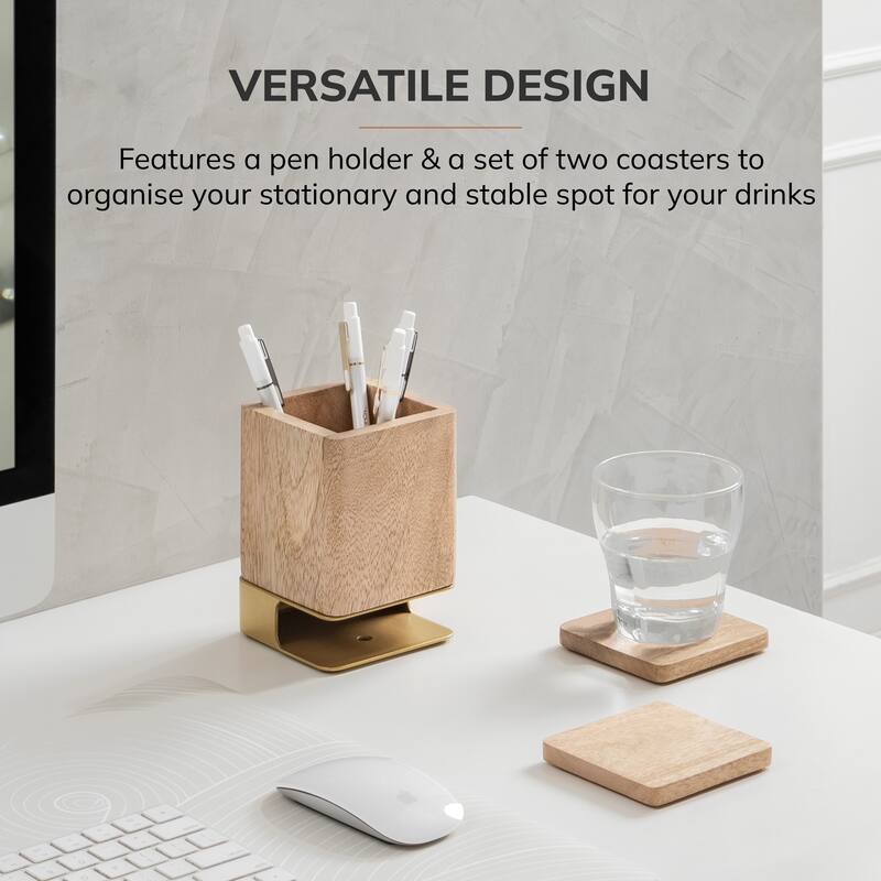 Jani Wooden Pen Cup Holder with 2 Coasters - Stained Mango Wood & Powder-Coated Metal Organizer for Home, Office & Living Spaces