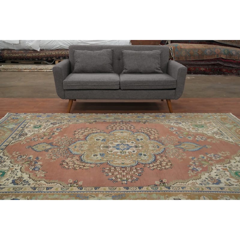 Hand Knotted Oriental 100% Wool Carpet Traditional Floral Oranges & Rust Tabriz Area Rug - 9' 4'' X 6' 5''