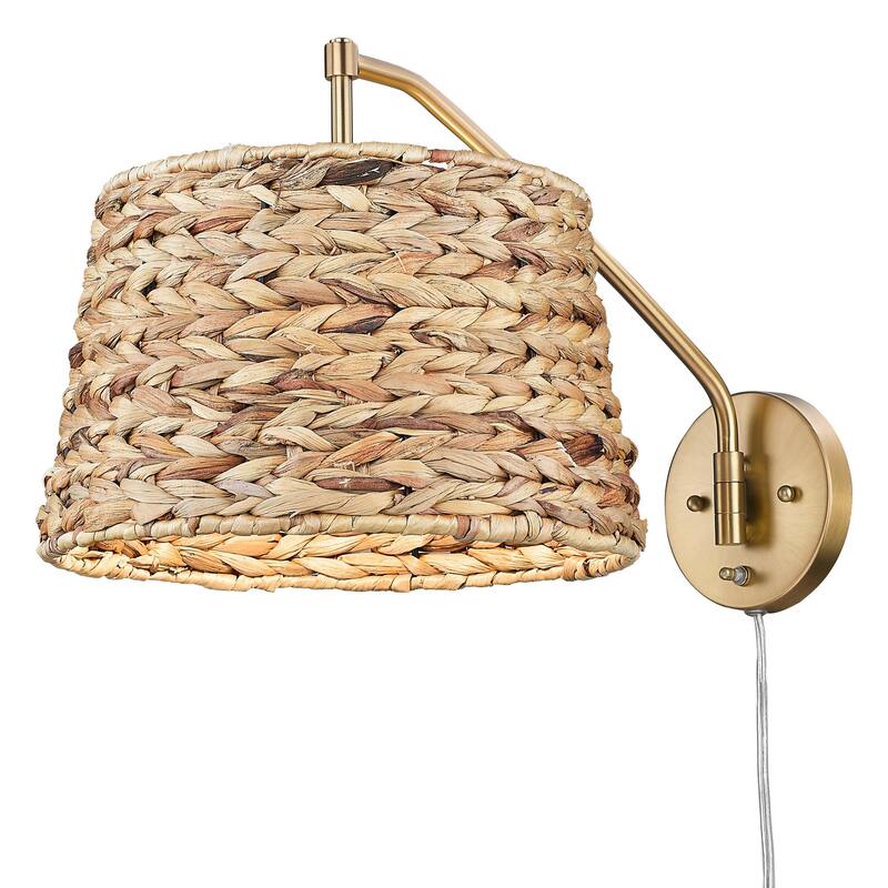 Wry Lighting Ryleigh 1-light Swing Arm in Brushed Champagne Brass and Woven Sweet Grass - 1 Light Articulating Wall Sconce