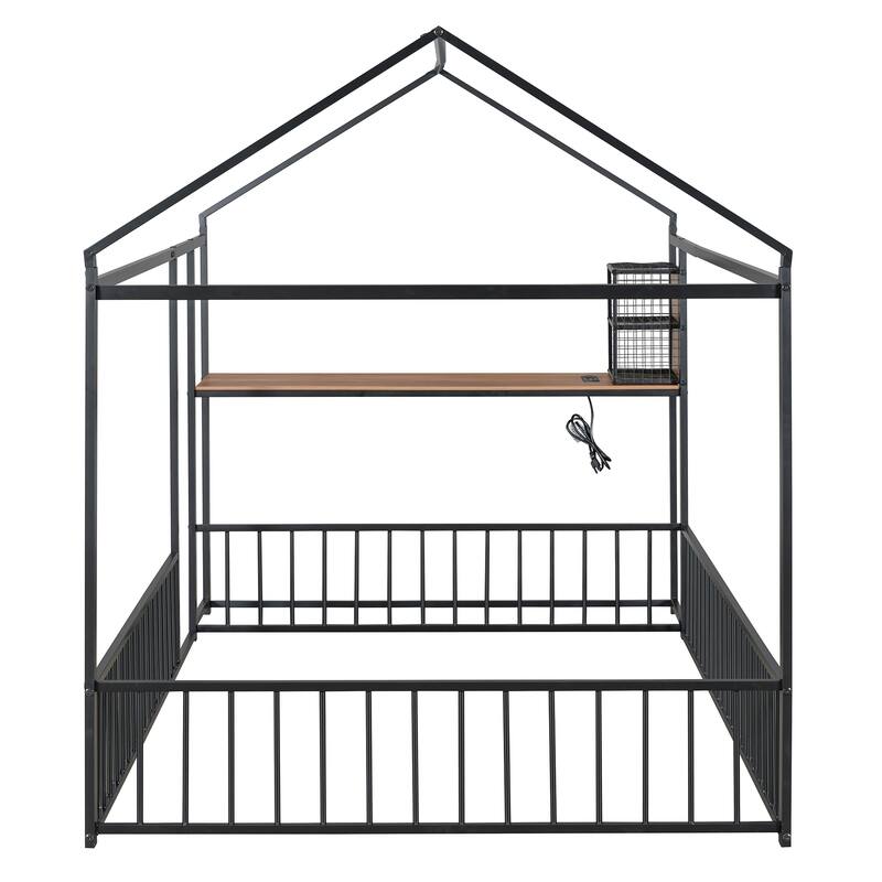 Full Size Metal House Bed with Desk, Shelving, USB Charging Ports & Power Outlets - Stylish and Functional