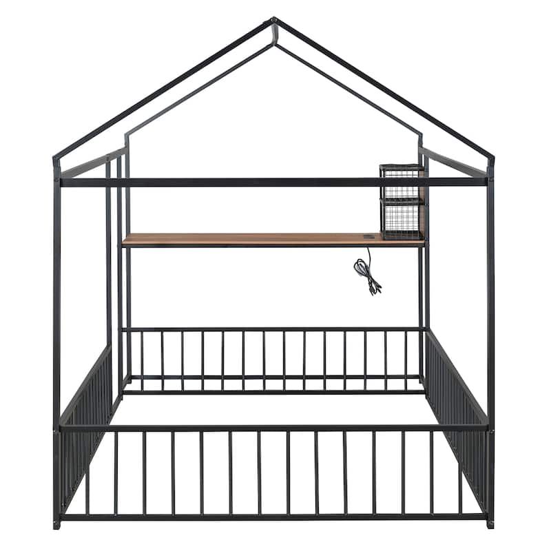 Full Size Metal House Platform Bed Frame with Built-In Desk, USB Charging And Storage Shelves