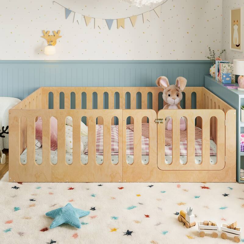 Toddlers Montessori Floor Bed with High Fence, Door, Low Profile Platform Bed Frame for Kids with No Box Spring Needed, No Slats