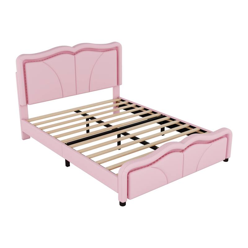 Full Size Upholstered Platform Bed with Adjustable Headboard and LED Light, Pink