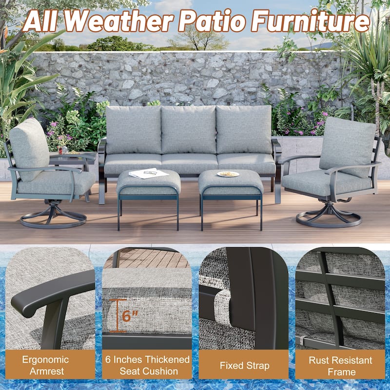 EROMMY Patio Set: 360° Swivel Rockers, Sofa, Ottomans & Table – Outdoor Conversation Set for Poolside, Garden & Deck