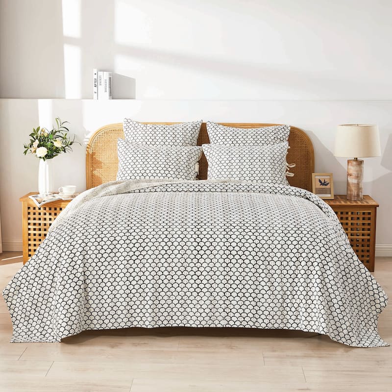 Melange Home Hand Stitched Scallop Block Print Kantha Coverlet and Shams