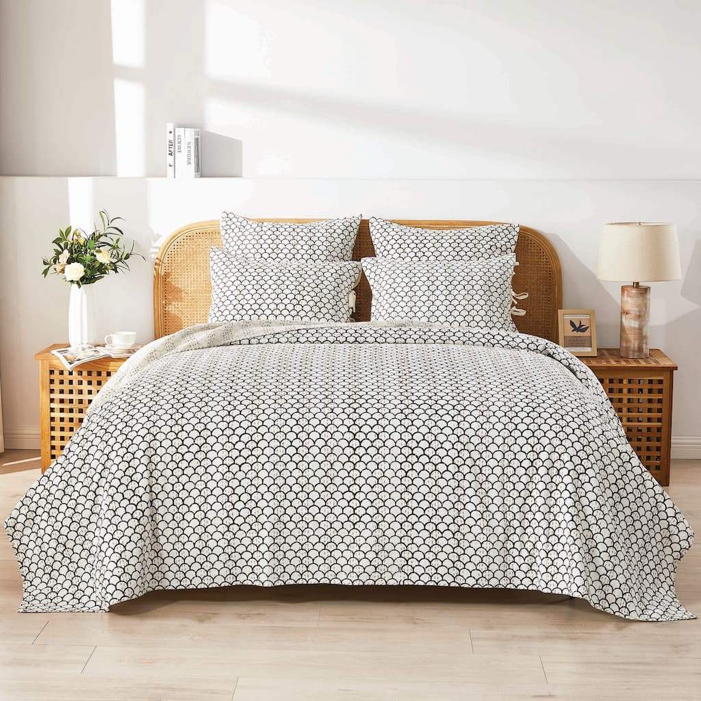 Melange Home Hand Stitched Scallop Block Print Kantha Coverlet and Shams