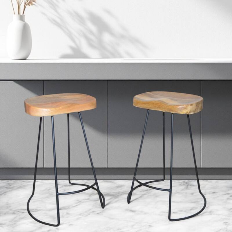 25” Set of 2 Backless Mango Wood Seat Bar Stool with Steel Frame and Footrest for Kitchen Island - 25.25”H x 18.5”W x 17”D - Natural-Black