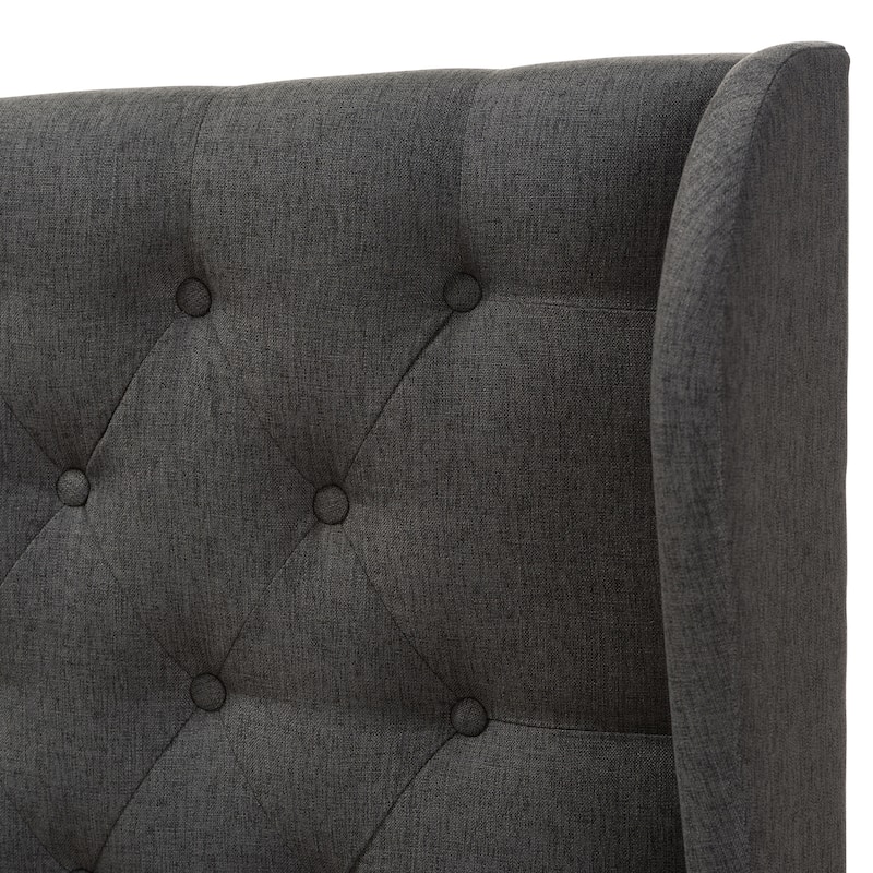 Modern Dark Grey Fabric Button Tufted Queen Size Winged Headboard with Padded Upholstery and Adjustable Legs