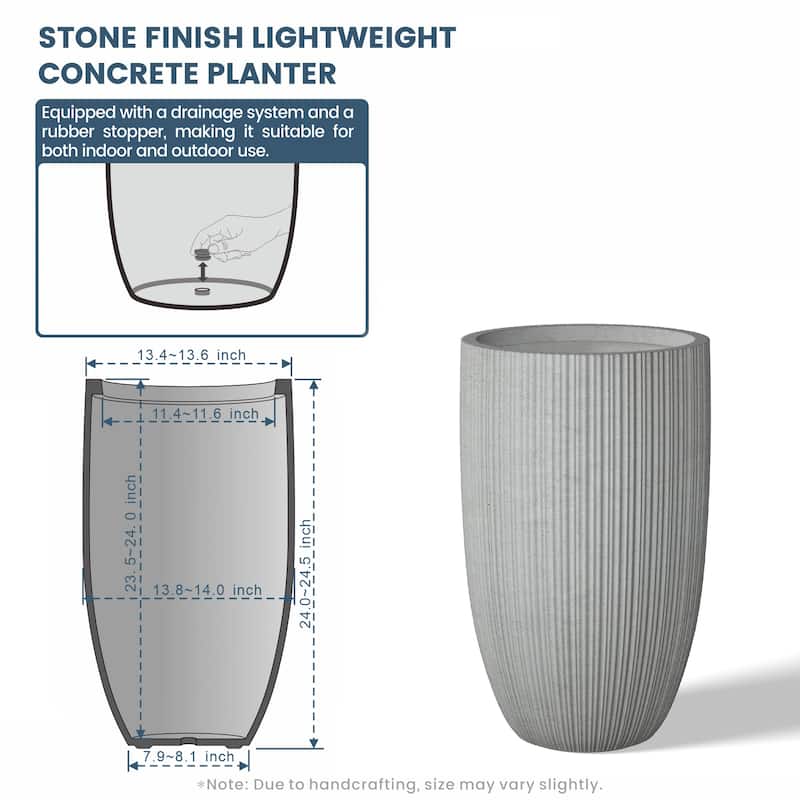 Textured Granite Gray Tall Concrete Round Plant Pots / Large Indoor and Outdoor flower Planters (13.5 Inch x 24.5 Inch)