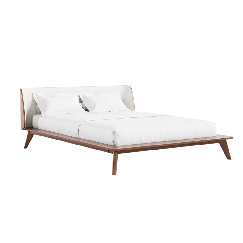 Boucle Upholstered Eastern King Bed with Tapered Angled Legs in Walnut