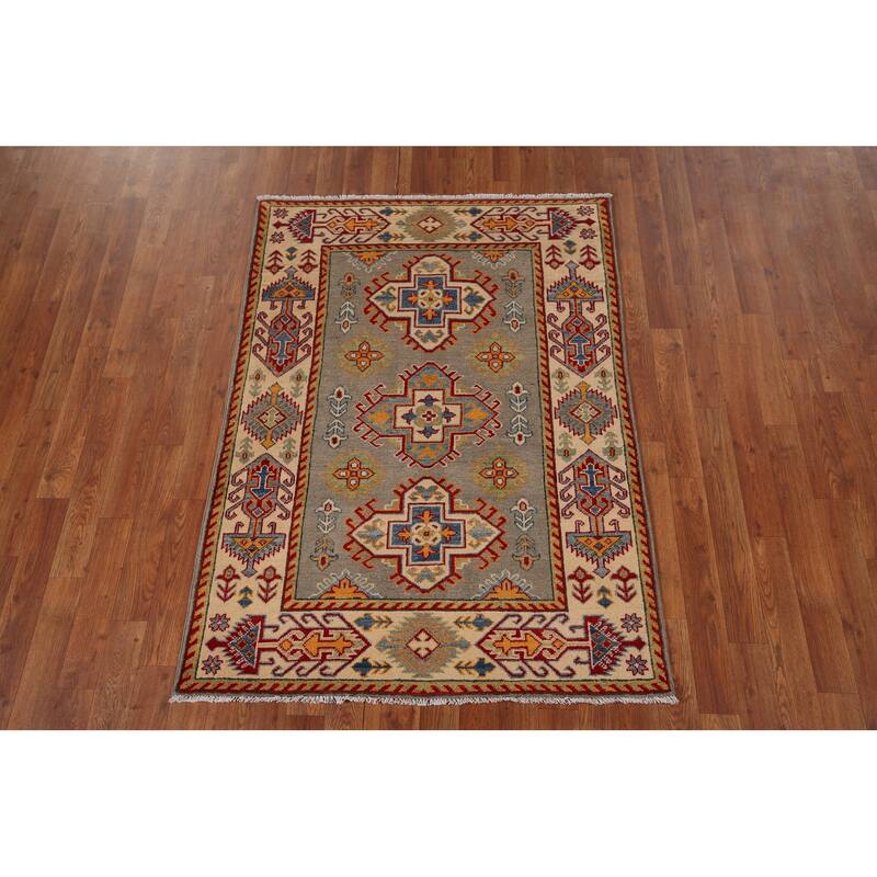 Kazak Oriental Accent Rug Hand-Knotted Beige Geometric Wool Carpet - 3'6" x 4'9"