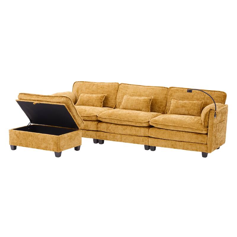 Modern Chenille Chaise Couch L-shaped Sectional Sofa with Storage Ottoman, Phone Holder, USB/Type-C Ports and Side Pockets