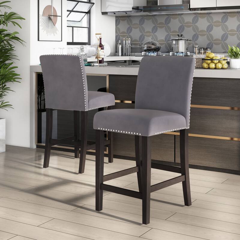 Zahara Glam Grey Velvet Padded Nailhead Counter Height Chairs by Furniture of America (Set of 2)