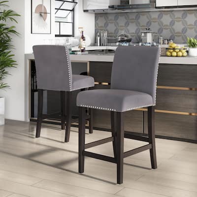Zahara Glam Grey Velvet Padded Nailhead Counter Height Chairs by Furniture of America (Set of 2)