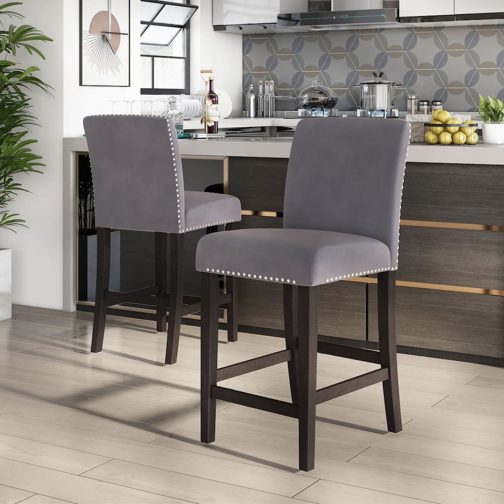 Zahara Glam Grey Velvet Padded Nailhead Counter Height Chairs by Furniture of America (Set of 2)