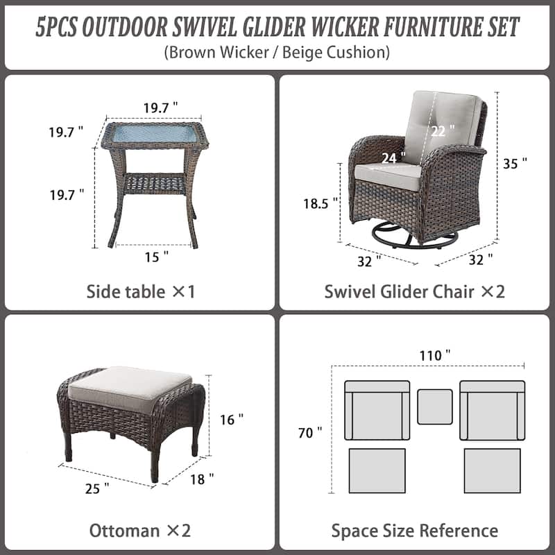 Outdoor Rocker Patio Chairs 360 ° Swivel with Ottoman