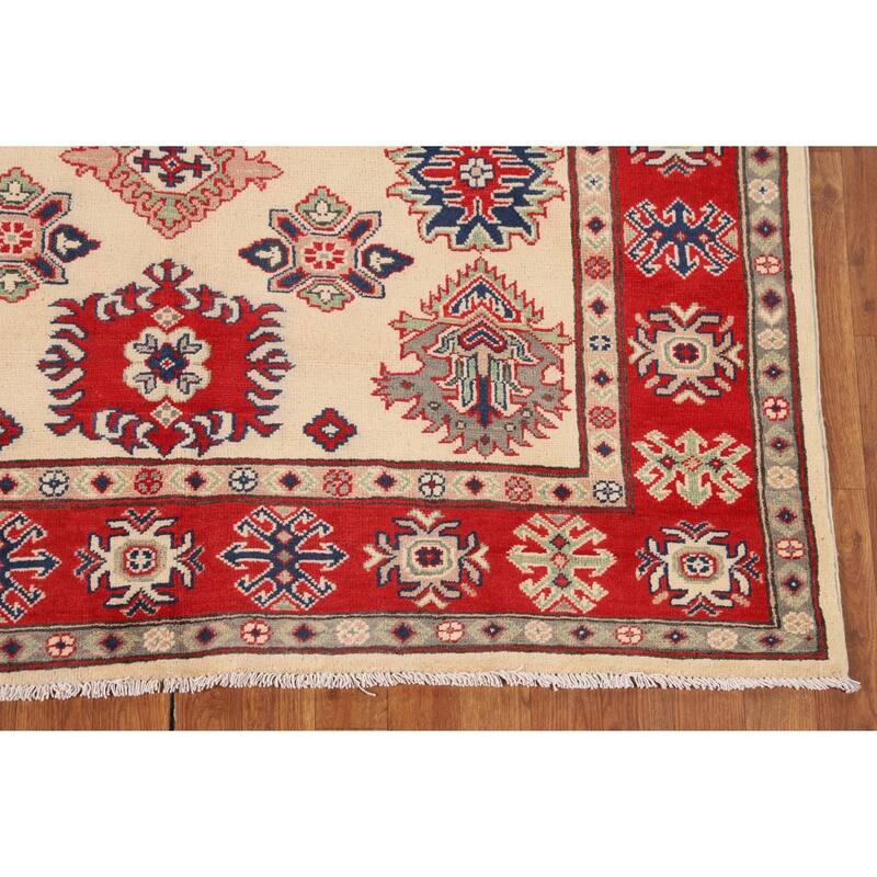 Geometric Kazak Area Rug Hand-Knotted Beige Wool Carpet - 5'2" x 6'6"