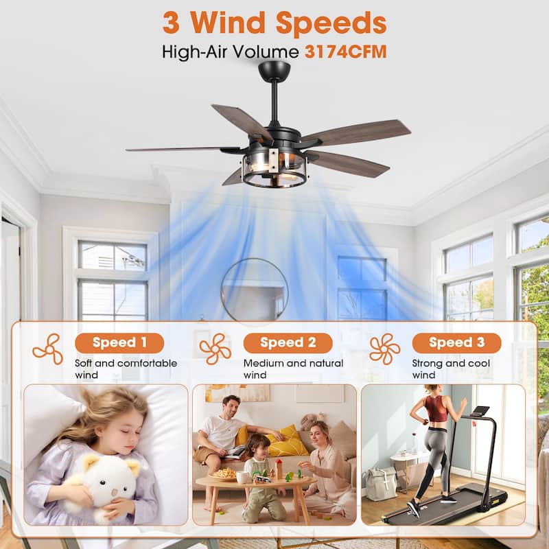 52" Rustic Black Wood 5-Blade Indoor Ceiling Fan with Remote