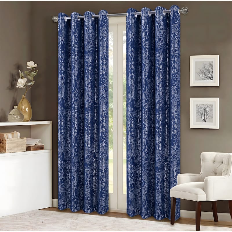 Brighton Abstract Leaves Foil Print Window Curtain - Navy