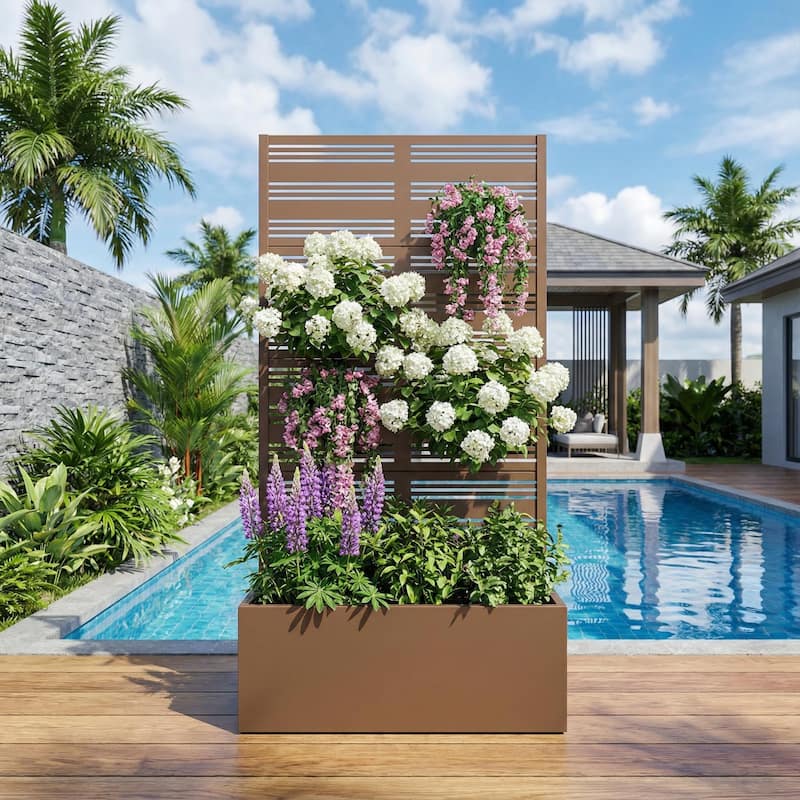 Metal Galvanized Planter Box with Trellis Privacy Screen Lockable Wheels