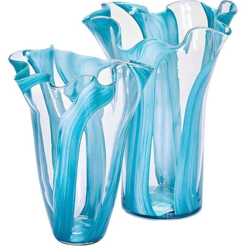 Green Set of 2 Striped Handblown Glass Vases with Broad Rim and Ruffle - Green