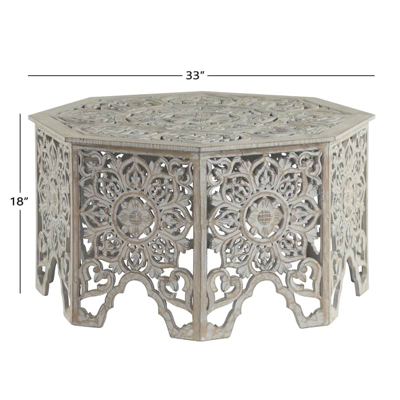 Wooden Floral Handmade Intricately Carved Coffee Table with Hollow Interior - Light Gray or Cream - Roche River Decor