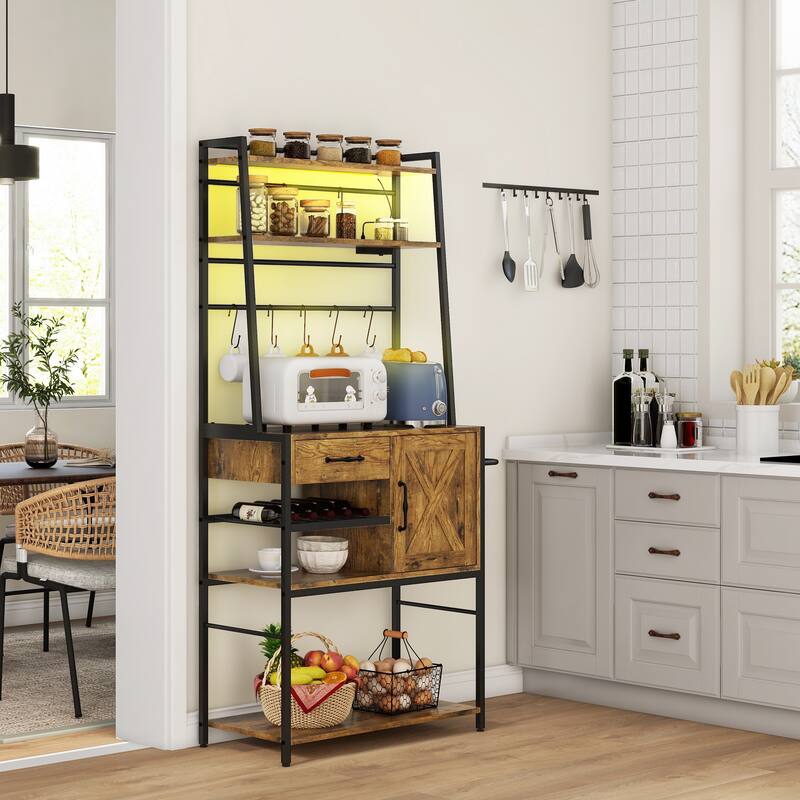 Coffee Bar Table with Power Outlet & LED Lights, Kitchen Buffet Storage Cabinet with Barn Door Cabinet & Wine Bottle Rack