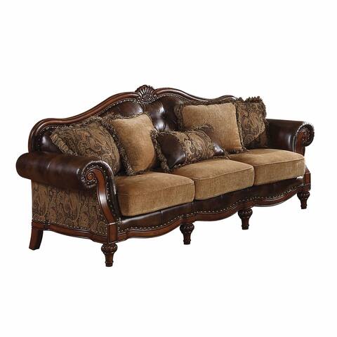 37' X 93' X 42' 2-Tone Brown PU Chenille Upholstery Wood Sofa w5 Pillows - 37' X 93' X 42'