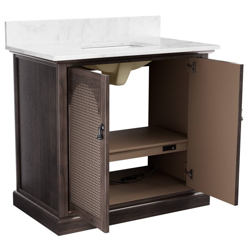 36" Bathroom Vanity with Single Sink, Double Doors, Rattan Accents & Marble-Style Top