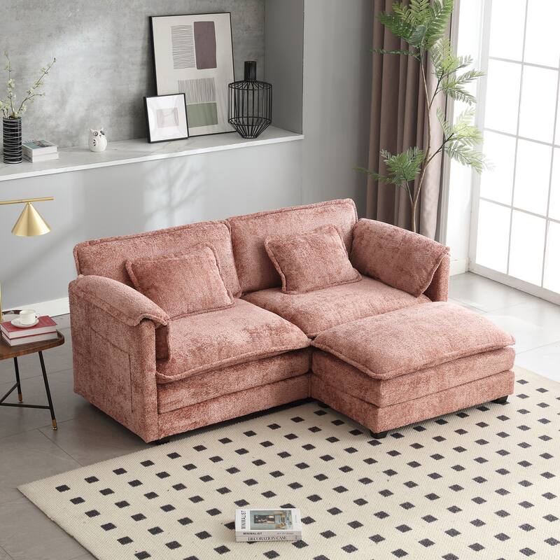 Oversized Chenille Double Sofa with Footstool, Removable Armrests, Modern Couch with Side Storage