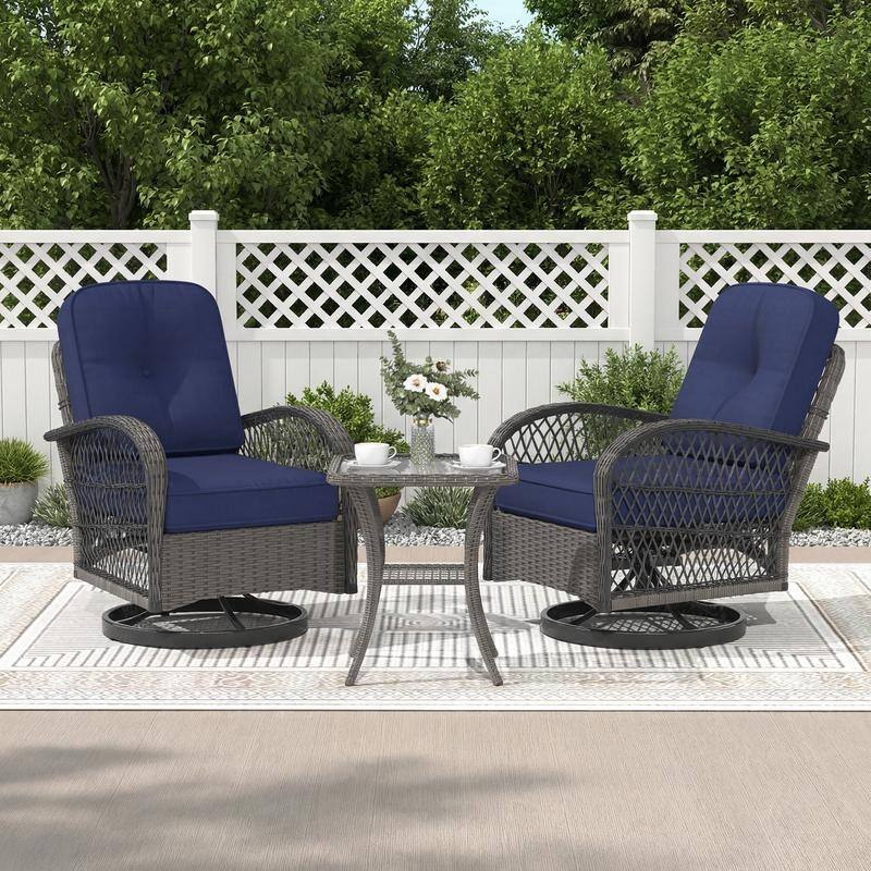 EROMMY Outdoor 3 Pieces Swivel Rocker Patio Chair Sets with Glass Table, All-Weather Wicker & Thickened Cushions for Backyard - 3-Piece - Navy Blue