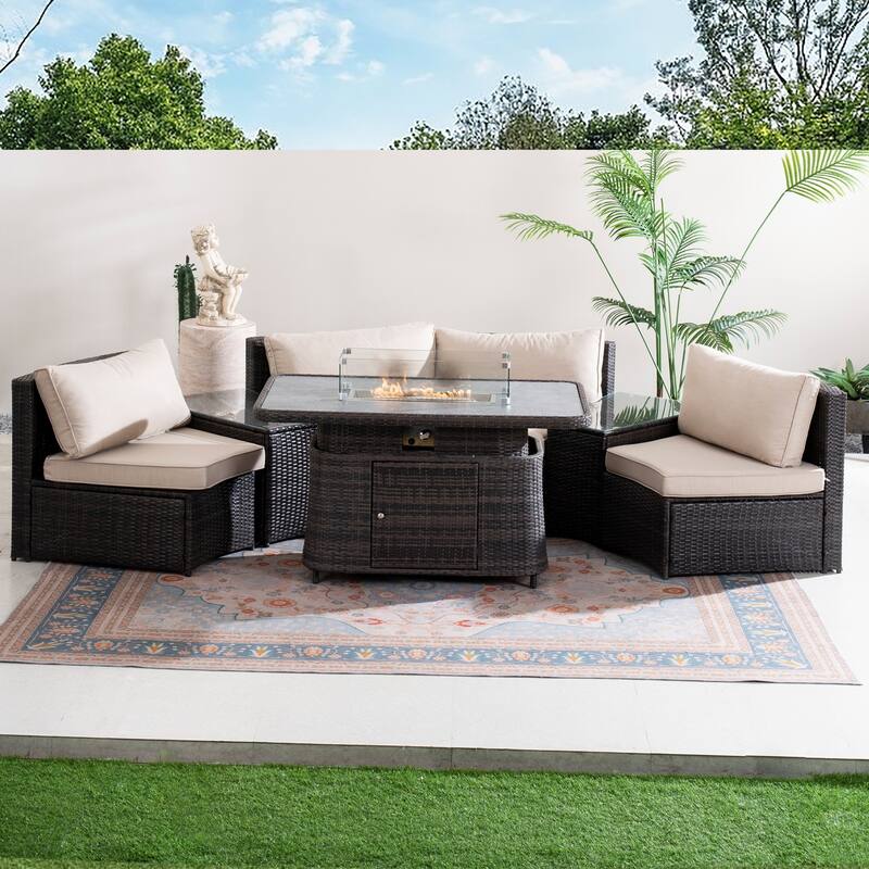 7-Piece Outdoor Patio Furniture Set with Adjustable Propane Fire Pit Table, Wicker Sofa and Tempered Glass Side Tables