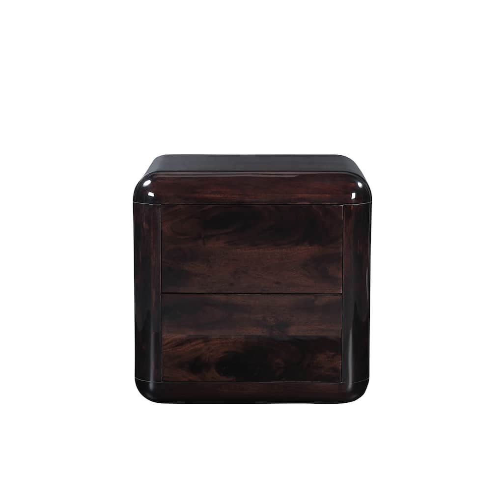 NADAAL STUDIOS Elaria Nightstand, Boxy High Gloss Acacia Body with Rounded Corners Push-to-Open Drawers, Dark Brown