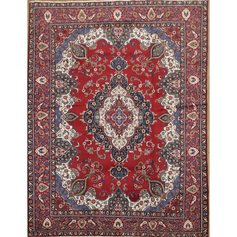 Hand Knotted Oriental 100% Wool Carpet Traditional Geometric Red Tabriz Area Rug - 13' 1'' X 10' 1''