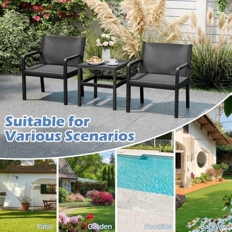 3 Piece Black PP Rattan Patio Chairs with Side Table for Outdoor Seating - Chair: 25" x 23" x 30.5"