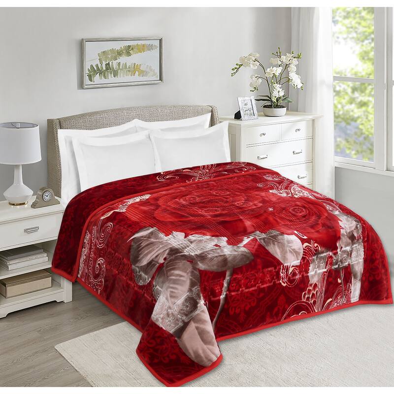 Empyrean Velvet 2 Ply Heavy Reversible Printed Raschel Blanket - King - Maroon Floral