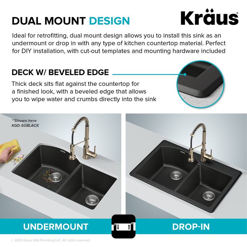 KRAUS Forteza Granite 33 inch 60/40 Undermount Drop-in Kitchen Sink