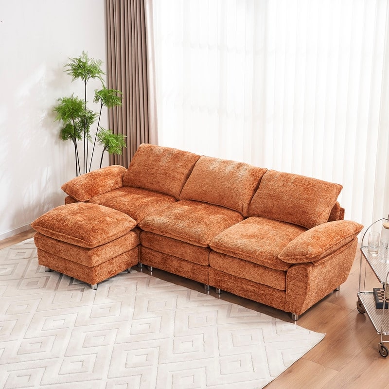 Modern Upholstered Living Room L Shaped Sofa,Comfy Sofa Couch with Ottoman and Pillow Arms