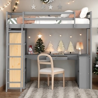 Twin Size Multi-function Loft Bed With Ladder,Shelves and Desk,Solid Construction