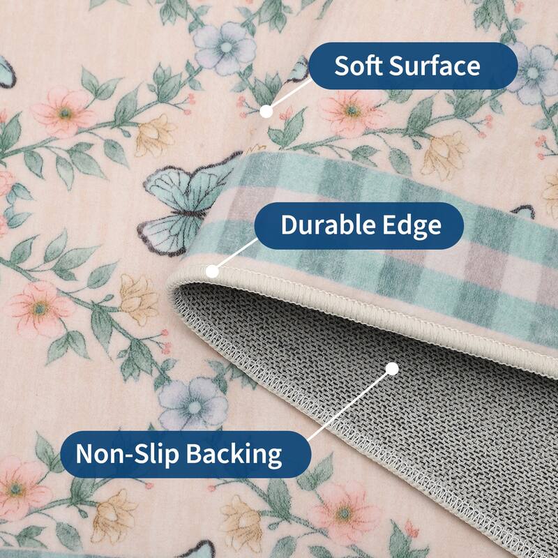 Butterfly Pattern Rugs for Living Room, Modern Floral Area Rug, Washable Border Plaid Non Slip Floor Carpet