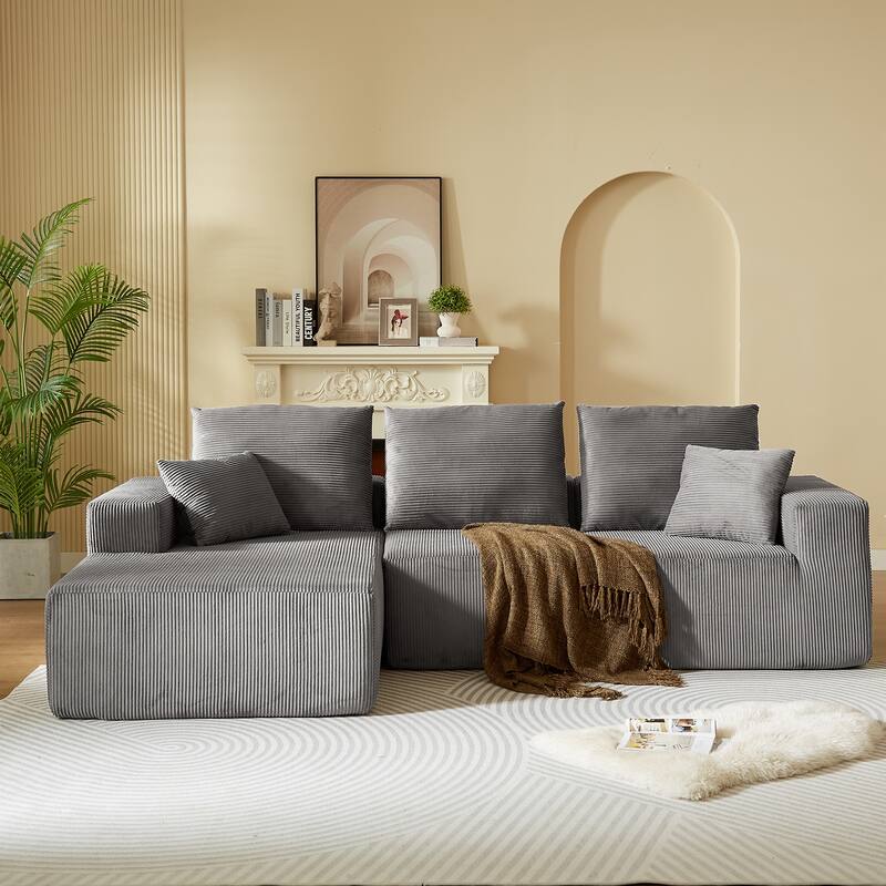 Modular Sectional Sofa with L Shape Chaise Lounge, Corduroy Upholstered 3 Seater Sofa, Deep Seat Cloud Sofa with Pillows