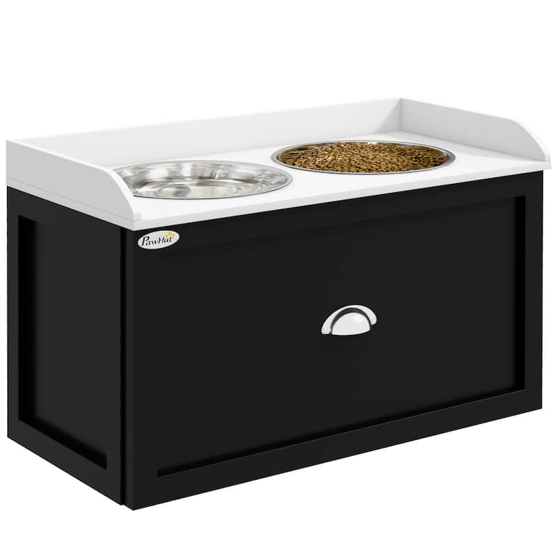 PawHut Dog Feeding Station with Storage Drawer, Removable Elevated Dog Bowls for Large Sized Dogs, White and Black
