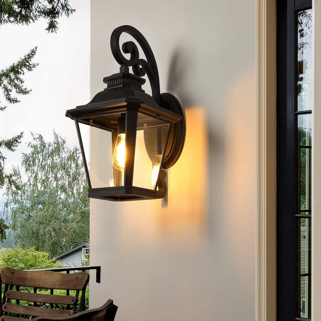 21"(H) 1-Pack Outdoor Wall Lantern Light, Vintage Black Metal & Clear Glass Sconce for Porch, and Garden Lighting (No Bulb)